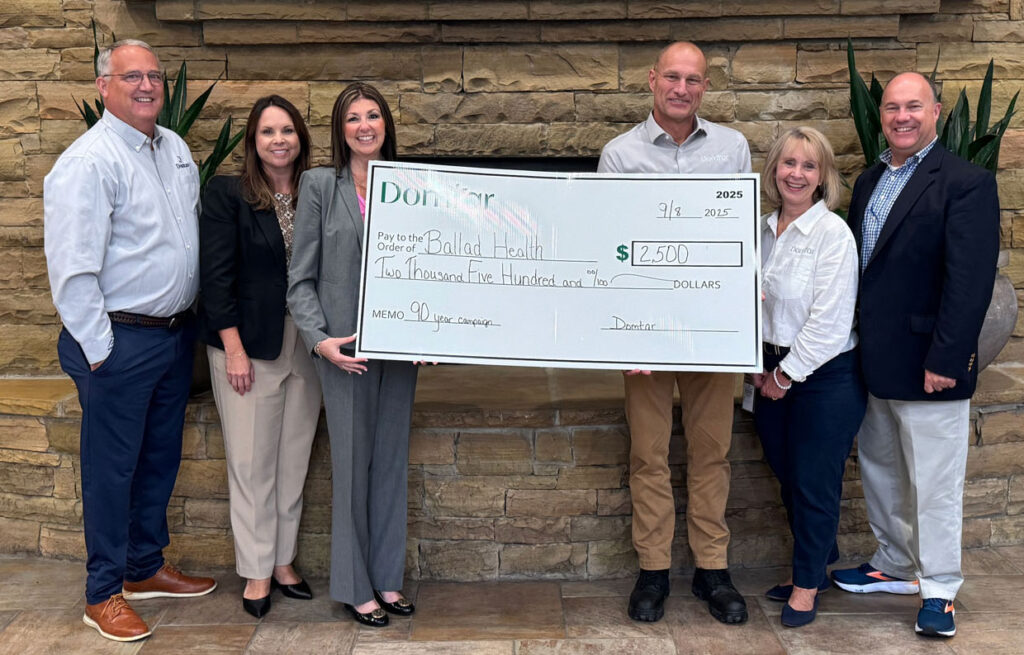 Domtar Supports Holston Valley Medical Center’s
90 Years of Service Campaign with $2,500 Contribution - Pictured from left, Ron Nussman, Amanda Ward, Rebecca Beck, Tony Clary, Robin Mullins and Jack Simpson.