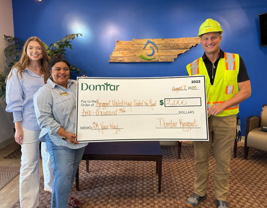 Kelsie Dulaney, center, impact and education manager with the United Way of Greater Kingsport, receives a $2,000 check from Domtar Kingsport’s Ellie Mitchell, left, and interim Kingsport Mill manager Tony Clary, right. The grant, awarded through Domtar’s employee-driven $2K Your Way program, supports United WE READ’s literacy initiatives, including author visits and community outreach programs for local students.