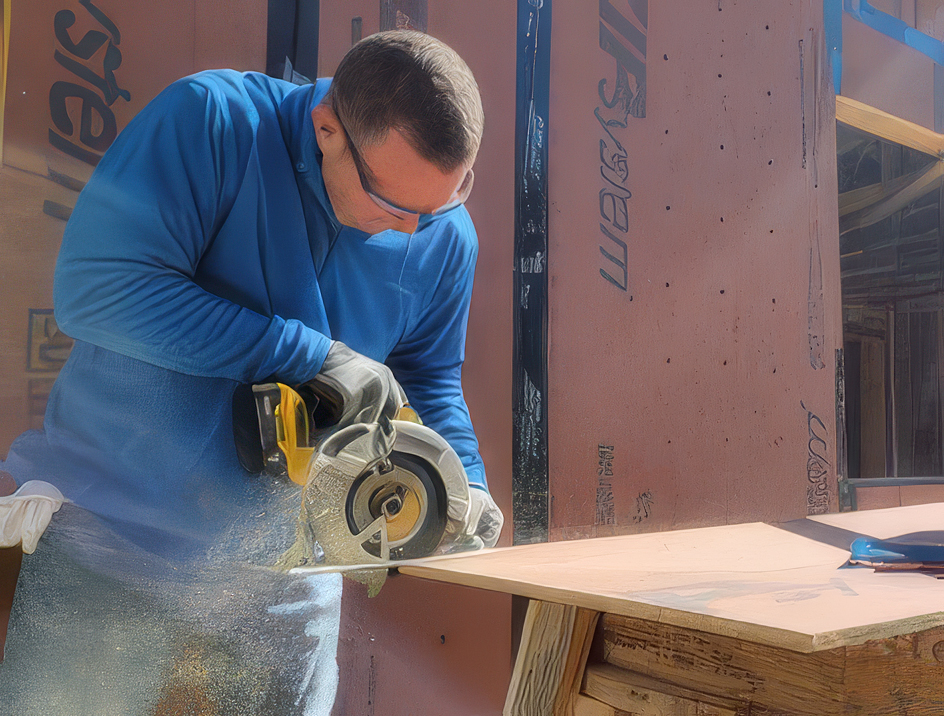 Habitat for Humanity volunteer cuts plywood during construction of an affordable housing project.